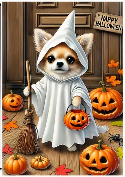 a painting of a dog dressed up as a witch with pumpkins and a broom Halloween Chihuahua Chihuahua Halloween Gif, Halloween Chihuahua, Fall Chihuahua, Cute Halloween Dogs, sienna
