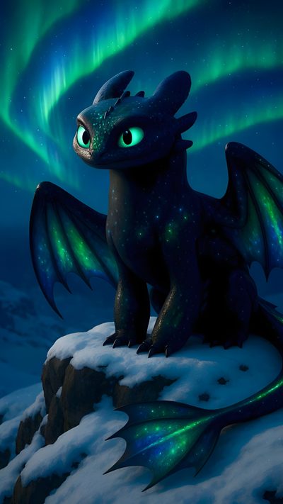 a black dragon sitting on top of a snow covered hill under the aurora bores Halloween Toothless Night Fury Cute Toothless, Night Fury Cool Toothless, Night Fury Dragon Toothless, midnight blue