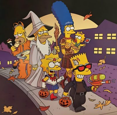 the simpsons family is dressed up for halloween Bart Simpson Halloween Simpsons Tapped Out Halloween, Simpsons Halloween, Simpsons Happy Halloween, dark olive green