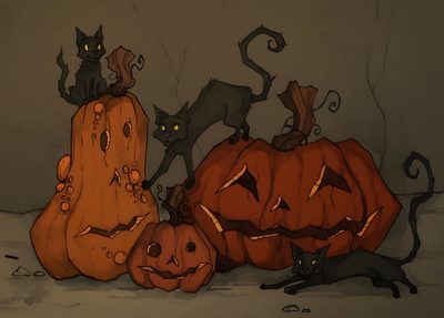 three pumpkins with cats sitting on them and one cat standing next to the pumpkin Vintage Halloween Art Laptop Halloween Computer Aesthetic, Halloween Aesthetic Computer, Vintage Halloween Aesthetic Pc, dark olive green