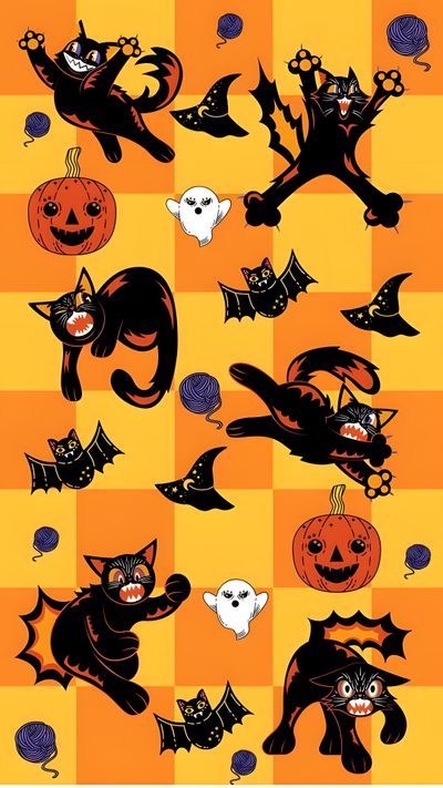 an image of halloween cats and pumpkins on a checkerboard background with bats Beistle Halloween Retro Halloween Background Images, Vintage Halloween Cat, Johanna Parker Halloween, dark orange