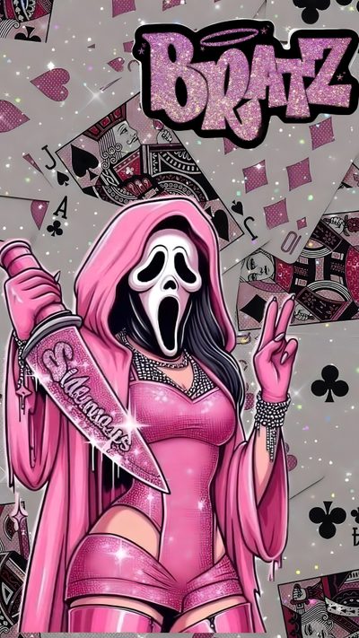 a woman in pink is wearing a skeleton mask and holding up her hand with the word boo Halloween Baddie Cute Screen Savers, Glitter Phone, Pink Hello Kitty, Halloween Cute, Diy Drawing Books, gray