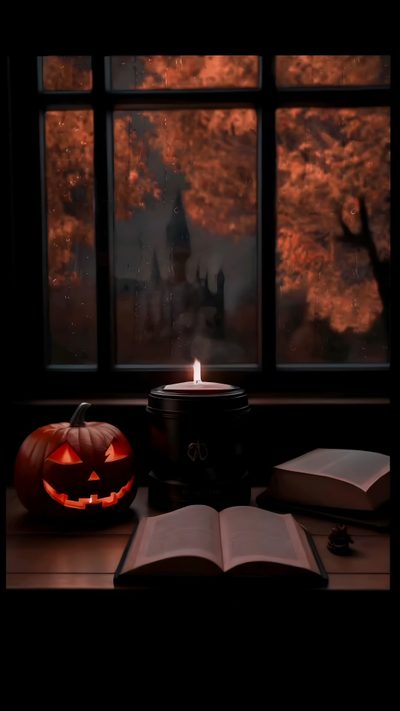 an open book sitting on top of a wooden table next to a pumpkin and candle Halloween Candle Hogwarts Halloween Aesthetic, Halloween Spooky Books Library, Spooky Dark Woods Atmosphere, black