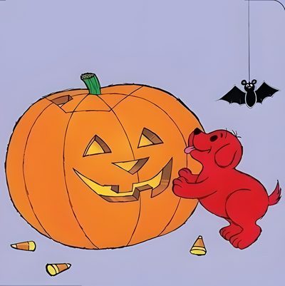 a red dog is looking at a jack - o'- lantern with bats hanging from it Clifford Halloween Clifford Halloween, Clifford Pumpkin Decorating, Clifford The Big Red Dog Thanksgiving, light steel blue