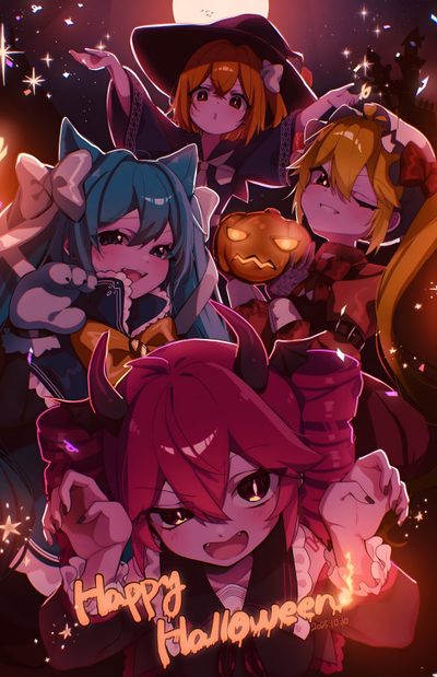 some anime characters are posing together for a photo with the caption happy halloween written below Halloween Miku Miku Fall, Miku Teto And Neru, Hatsune Miku Halloween, Halloween Miku, maroon