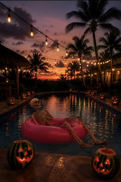 a skeleton sitting on an inflatable raft next to some pumpkins Halloween Tropical Summer Halloween Background, Summerween Pictures, Summerween Iphone, Summerween, black