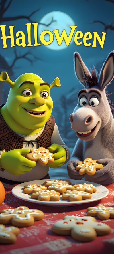 an image of a cartoon scene with two donkeys and some cookies on the table Halloween Shrek Shrek Halloween Images, Dreamworks Halloween, Shrek Halloween Movies, dim gray