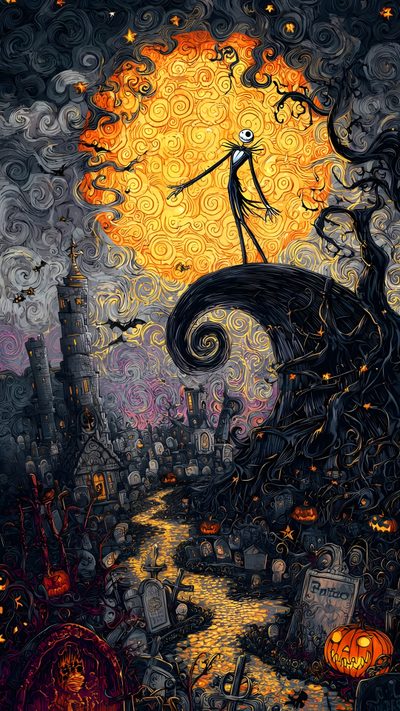 a painting of jack skellingy on top of a tree with pumpkins in the background Nightmare Before Christmas Halloween Town Halloween Nightmare, Halloween The Nightmare Before Christmas Iphone, Nightmare Before Christmas Iphone, dark slate gray
