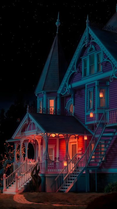a dog sitting in front of a pink house at night Halloween Iphone Coraline Coraline House At Night, Of Coraline, Coralime House, Coraline Dark Fantasy, black