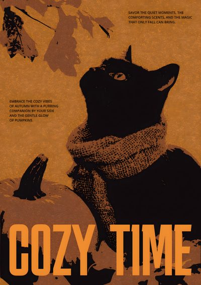 a black cat with a scarf around it's neck looking up at the sky Halloween Poster Pumpkin Decorating Poster, Autumn Infographic Design, Atum Poster, saddle brown