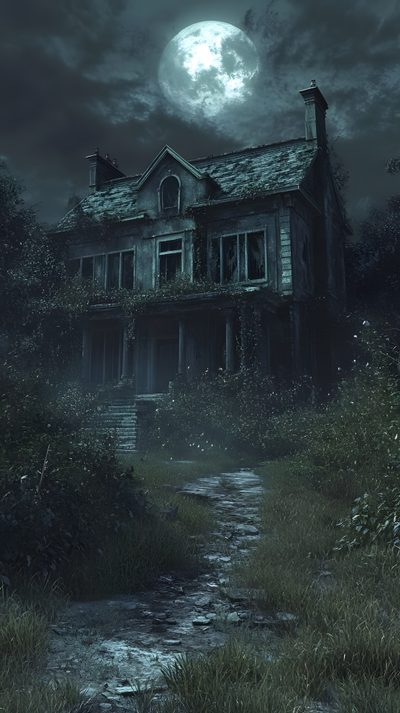 an old abandoned house in the woods at night with a full moon behind it and dark clouds overhead Old Scary Horror Halloween Most Haunted Pic, Ghostly Background, Haunted Places Aesthetic, dark slate gray