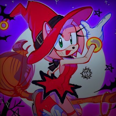 a painting of a cat in a witches costume Amy Rose Halloween Sonic Halloween Profile Picture, Shadow The Hedgehog Halloween Pfp, Witch Amy Rose, indigo