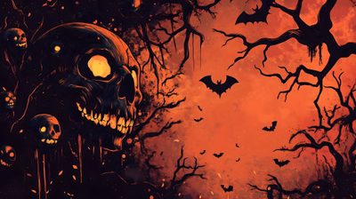 a painting of a skull with bats and pumpkins on it's face in front of an orange sky Halloween Skull For Desktop Scary, Fond D Ecran, Free Download, Halloween, Pc, dark slate gray
