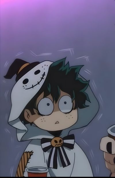 an animated image of a boy dressed as a ghost Izuku Midoriya Izuku Midoriya Halloween Deku Anime, Villain Deku, Academia, Anime Halloween, Hero, dim gray