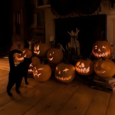 a black cat standing in front of carved pumpkins Halloween Aesthetic Widget Aesthetic Halloween Aesthetic, Aesthetic Halloween Aesthetic Pinterest, Pinterest Halloween Aesthetic Pictures Pinterest, black