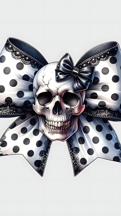 a skull with a bow on it's head and polka dot ribbon around its neck Black And White Halloween Skulls In Bow Skull Tattoo Design, Skull Tattoo, Cricut Design, Phone, gainsboro