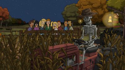 an animated skeleton sitting on top of a red truck in the middle of a field Bobs Burger Halloween Bob Burgers Halloween, Bobs Burgers Halloween, The Big Show, dark slate gray