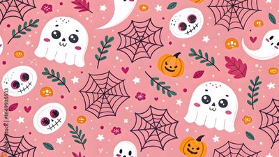 Cute Halloween Pattern with Ghosts, Skulls, Pumpkins and Spider Webs on Pink Halloween Ghosts And Webs On Pink Pc, Pink Halloween Desktop, Halloween Cute Laptop,