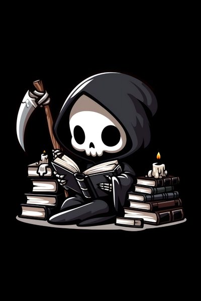 a skeleton sitting on top of a pile of books with an ax in it's hand Cute Aesthetic Halloween Skeleton Image Halloween, Halloween Cute, Skeleton Art, Book, Dessins Sympas, black