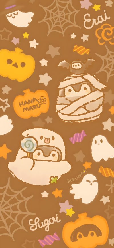 an image of halloween food on a brown background Penguin Halloween Cool Backgrounds, Cute Cartoon, Cartoon, Cute, Cute Drawings, Iphone, sienna