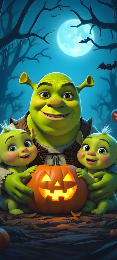 an animated character with two children and a pumpkin Halloween Shrek Shrek Halloween Images, Halloween Shrek, Pixar Halloween, dark slate gray