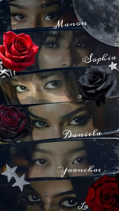an image of a woman's face with roses in her hair and stars on the forehead Katseye Halloween Katseye Eyes, Megan Kats Eye, Kateyes Icon, Katseye Laptop, dark slate gray
