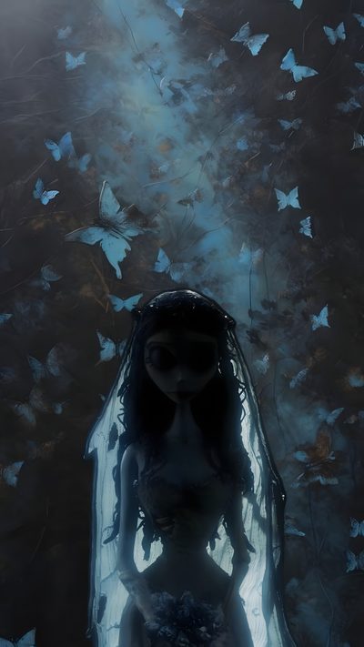 a woman is standing in the middle of butterflies Halloween Corpse Bride Air Algerie, Bride Quotes, Emily Corpse Bride, Corpse Bride Art, dark slate gray