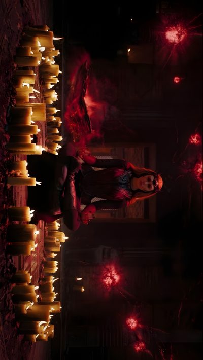 a woman is standing in front of candles Halloween Wanda Multiverse Of Madness, Doctor Strange In The Multiverse Madness Aesthetic, Scarlet Witch Desktop, black