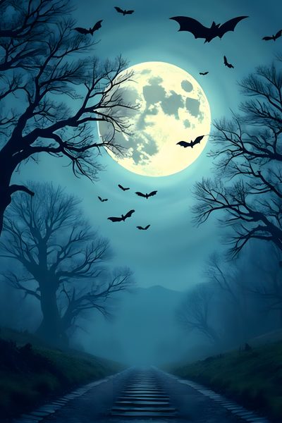 a full moon with bats flying in the sky over a dirt road leading to trees Halloween For Walls Halloween Images Backgrounds, Halloween Night Sky Background, Halloween Haunted House Diy, teal