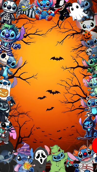 a group of cartoon characters standing in front of a halloween background Lock Screen Stitch Halloween Stitch And Angel Halloween Background, Stitch Halloween Background, Cute Halloween Stitch Backgrounds, chocolate