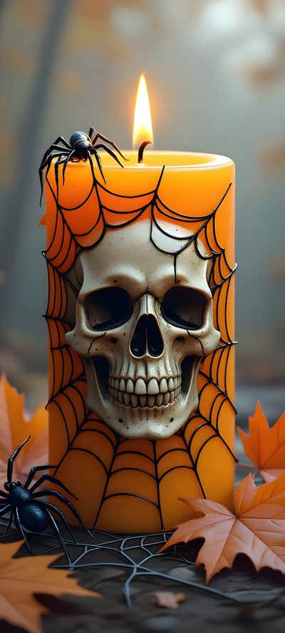 a candle with a skull and spider web on it Halloween Candle Skull Halloween, Halloween Candle Images, Halloween Skull Iphone, dim gray