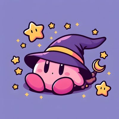 a cartoon character with a hat and stars around it's neck, laying on the ground Kirby Halloween Iphone Kirby Witch, Kirby Zelda, Halloween Profiles, Kirby Pumpkin, medium purple