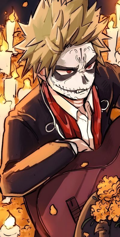 an anime character holding a guitar in front of some candles Bakugou Halloween Ghost Bakugou, Mha Halloween, Bakugou Halloween, My Hero Academia Fanart Bakugo, sienna