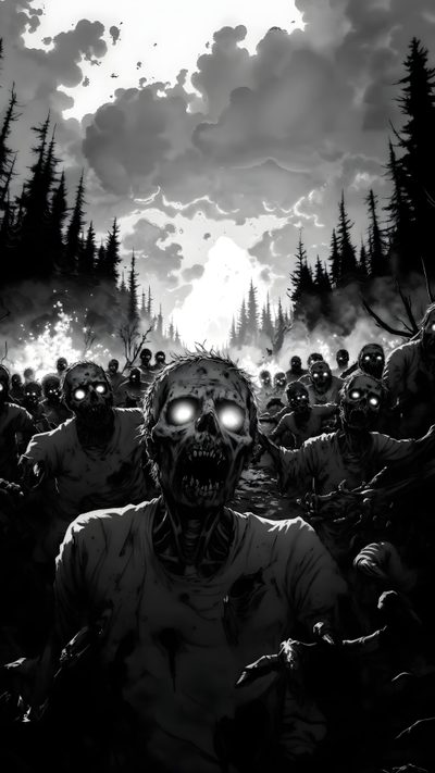 a group of zombies with glowing eyes in the middle of a dark, cloudy forest Halloween Zombie Mutant Zombies, Zombie, Zombie Aesthetic, Zombie Apocalypse Tattoo, black