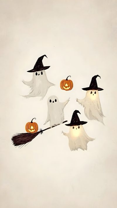 four halloween ghostes flying on a broom with pumpkins in their mouths and one is wearing a witch's hat Retro Halloween Ivory Halloween Background Aesthetic, Cosy Halloween, Fall Spooky, gainsboro