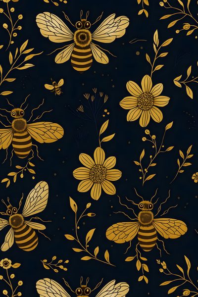 bees and flowers on a black background with gold foiling for wallpaper or fabric Halloween Bees Accent Ideas Bee Autumn, Bee Pattern Design, Bees Background, Bees Ideas, black