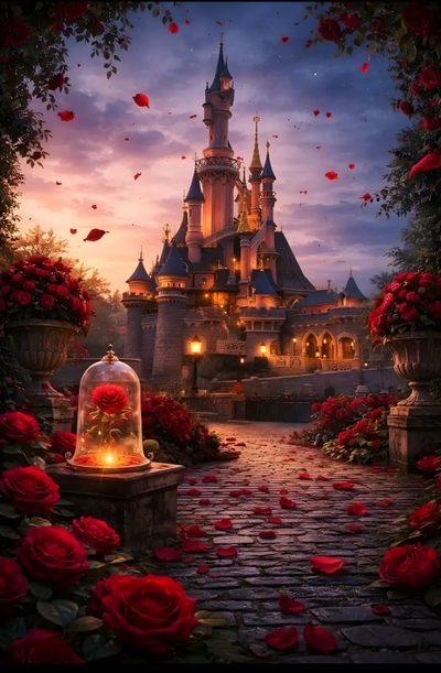 an image of a castle with roses in the foreground and lights shining on it Disney Castle Halloween Beauty And The Beast Background, Belles Castle, Belle Castle, dark slate gray