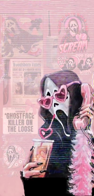 a painting of a woman with pink hair and glasses holding a drink in her hand Pink Halloween Ghostface Scream Aesthetic Pink, Scream Iphone Pink, Scream Girly, silver