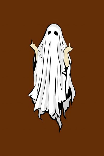 a ghost with arms outstretched and eyes wide open in front of a brown background, Halloween Middle Finger Ghosted, Ghost Drawing, Ghost Flipping Off, Spooky Cartoon, Funny Ghost, saddle brown