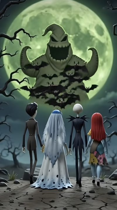 three creepy dolls standing in front of a full moon Halloween Town Nightmare Before Christmas Tim Burton Aesthetic, Disney Halloween, Halloween, dark slate gray