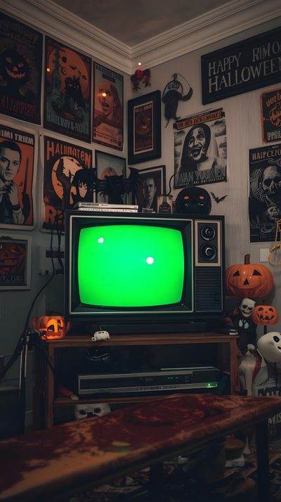 a green television sitting on top of a wooden table in front of halloween posters and pumpkins Vhs Halloween Halloween, Neon, Halloween Vhs Aesthetic, Haunted House, Spooky Screen, dark slate gray