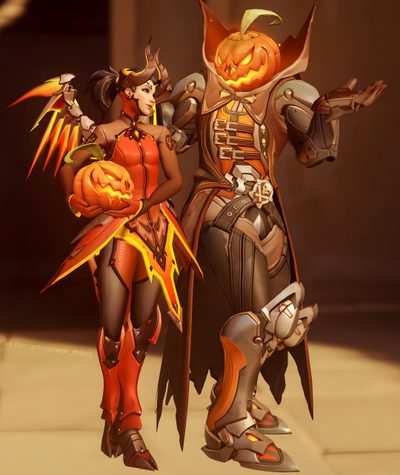two animated characters dressed in halloween costumes and holding pumpkins, standing next to each other Overwatch Halloween Mercy Reaper, Mercy And Ashe, Mercy And Reaper, Overwatch Matching Skins, saddle brown