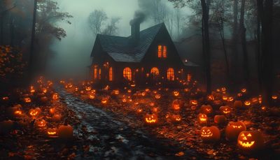 a house with lots of pumpkins in front of it on a foggy day Spooky Halloween Pumpkin Spooky House Background For Ipad, Halloween Landscape, Halloween Pc, dark slate gray