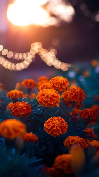 an orange flower is in the middle of some blue grass and lights are behind it Halloween Marigold Desktop, Marigold Iphone, dark slate gray