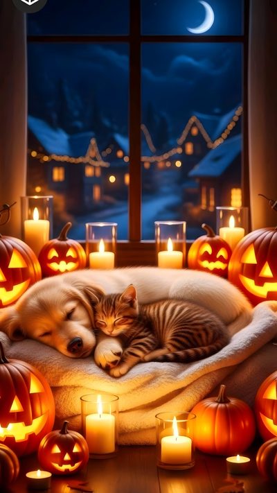 a cat and dog are sleeping on a bed with pumpkins around them, surrounded by candles Cute Dog And Cat Halloween Summer Fashion Trends, Summer Fashion Dresses, Summer Fashion Outfits, saddle brown