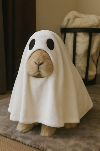 a bunny in a ghost costume on the floor Halloween Bunny Rabbit In Clothes, Judy Hops, Hunger Games Characters, Snow House, Rabbit Care, dim gray