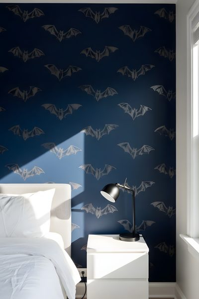 a white bed sitting under a window next to a wall with bats painted on it Halloween Bat For Bedroom Bat Wall, Paper Bat, Recessed Ceiling Lights, Bat Bedroom, dark slate gray