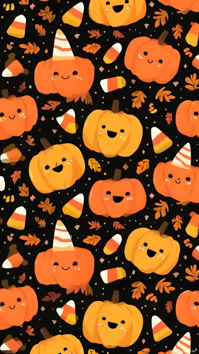an image of pumpkins and leaves on a black background for halloween wallpaper or fabric Candy Corn Halloween Fall Doodle Black Cute Halloween Backgrounds, Pumpkin, Halloween Backgrounds, saddle brown