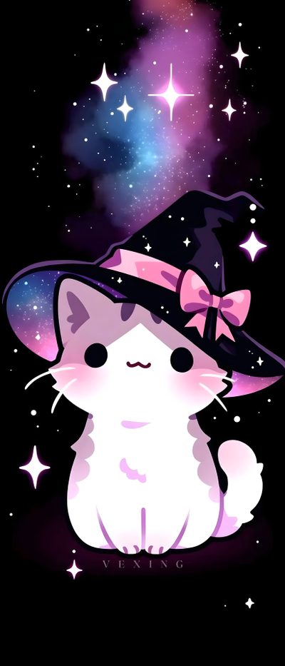 a cat wearing a witches hat with stars in the background Kawaii Cute Halloween Cat Galaxy Cat Cute, Kawaii Chibi Chibi Black Cat, Digital Art, Neon,
