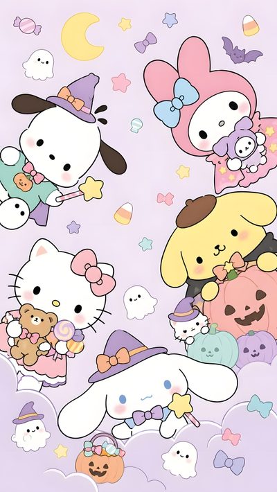 hello kitty and other cartoon characters on a purple background Kawaii Cinnamoroll Halloween Sanrio Backgrounds, Sanrio Laptop, Hello Kitty Sailor Moon, lavender